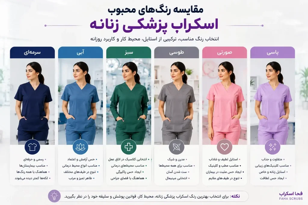 مقایسه رنگ اسکراب پزشکی زنانه سرمه‌ای آبی سبز و طوسی